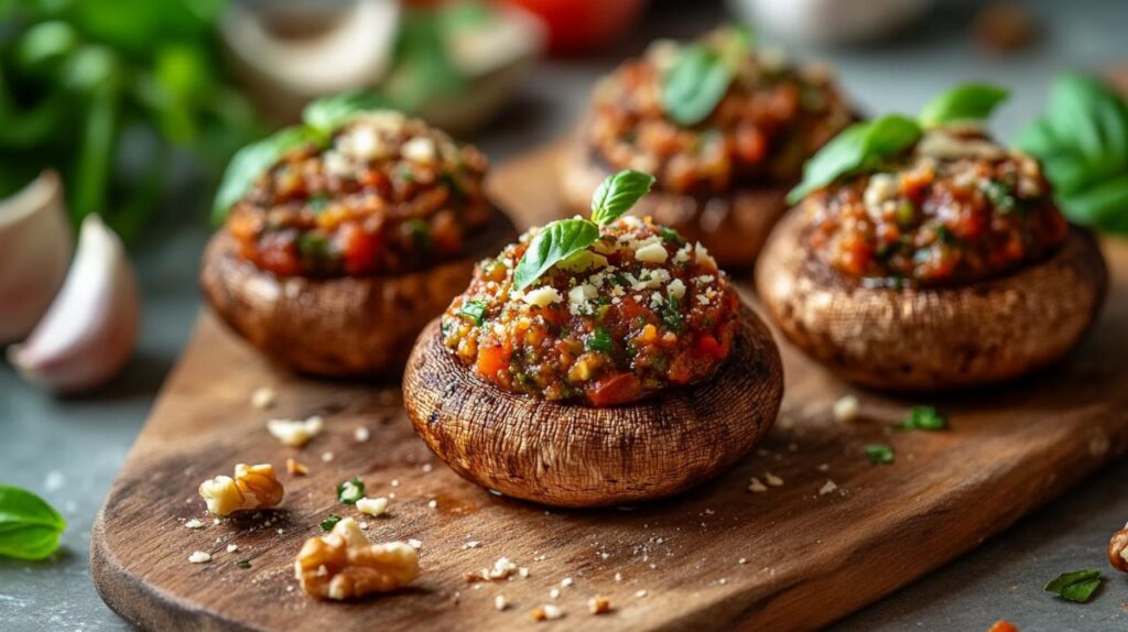 Receta fácil de champiñones rellenos con pesto de tomate vegano para una cena saludable